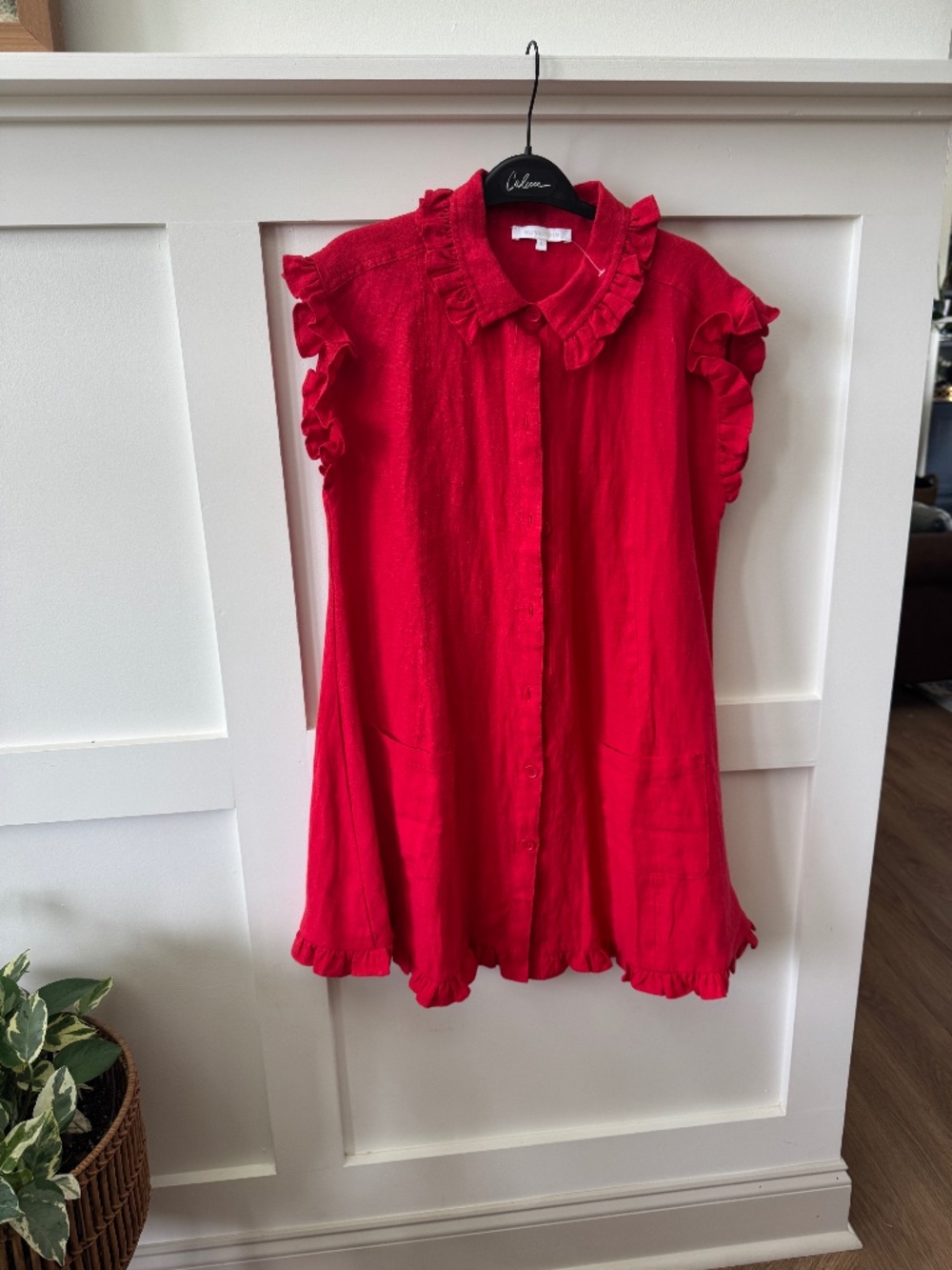 Olivaceous Red 100% Linen Ruffle Button Front Mini Dress L
